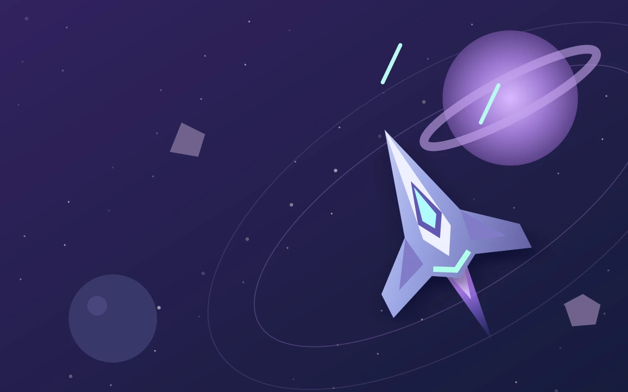 A starfighter soaring past colorful planets and asteroids
