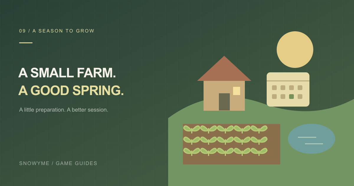 Original illustration of a small farm with watered crop beds, a fishing pond, and a four-week spring calendar